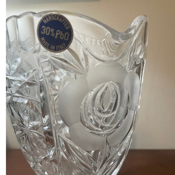 Vintage Cut Crystal Glass Etched Floral 9" Footed Pitcher with Original Sticker - Picture 2 of 10